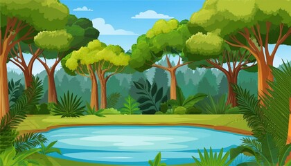 jungle forest with trees and pond cartoon background illustration of tropical landscape