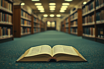 Open Book in Library Aisle 