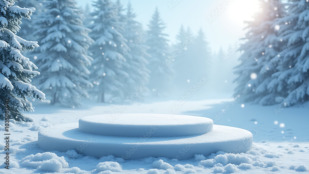 Poster cold winter snow creates a striking ice background on a podium used as a product display platform ou