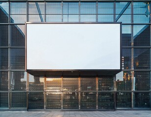 large horizontal outdoor billboard mockup on glass wall of a contemporary structure providing space for advertising display in a public setting