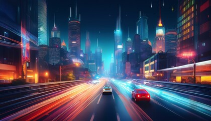 Obraz premium night cityscape with glowing traffic signals and cars