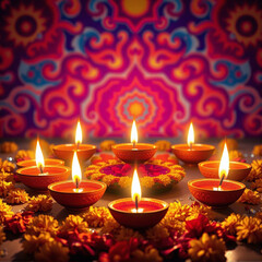 Traditional festival celebration with oil lamps and marigold flowers in evening