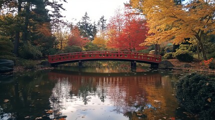 A Japanese garden bridge in northwest Oregon, with trees displaying their best fall hues. 