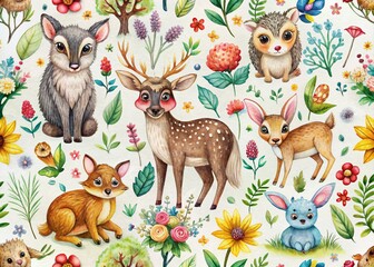 Naklejka premium Woodland Animals Watercolor Pattern for Kids' Fabric and Textile Design