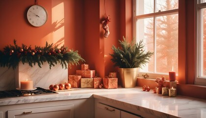 Christmas decor in sunny orange kitchen. AI generated