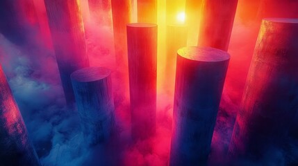 Fototapeta premium Vibrant Abstract Pillars in Ethereal Fog at Sunset