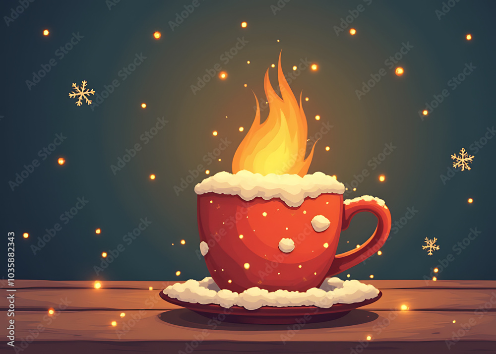 Poster cozy flat vector illustration of glowing mug with snowflake and ample copy space in smart business t