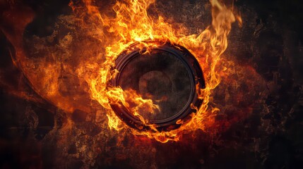 A burning metal ring in a fiery inferno, flames engulfing the object in a dangerous heat.
