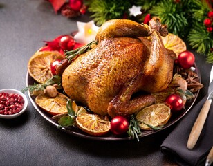 roast chicken or turkey for christmas and new year with decorations traditional holiday dinner