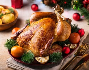 roast chicken or turkey for christmas and new year with decorations traditional holiday dinner