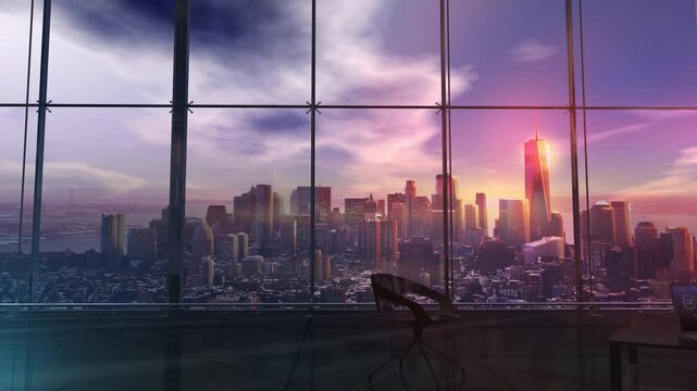 Computer-themed data protection visuals against a backdrop of urban skyscrapers