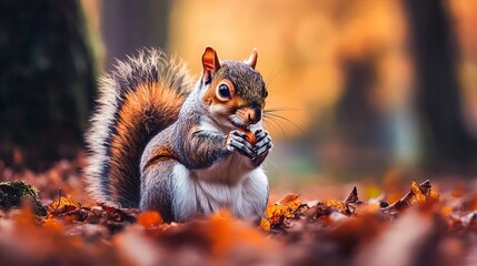 Close-up of a squirrel (Sciurus vulgaris) grazing in a colorful fall woodland. The scene perfectly depicts the animal's surroundings' vibrant fall foliage colors. 