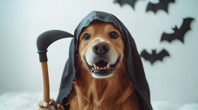 A mutilated dog with a Halloween scythe. A scythe is held by a golden retriever who sits on a white background with bats. 