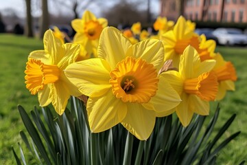 A field of blooming daffodils, glowing in the morning light