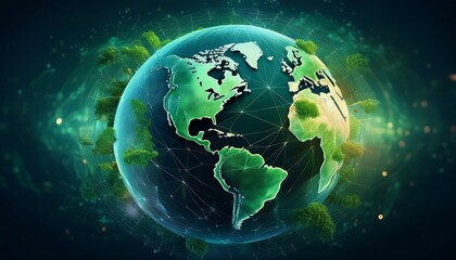 Fototapeta premium vibrant globe illustration showcasing interconnected green continents symbolizing environmental awareness and global connectivity design features network of lines and dots representing data and