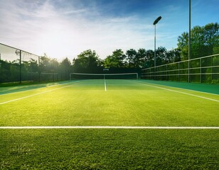 vibrant grass tennis court prepped for tournament with freshly cut grass close up