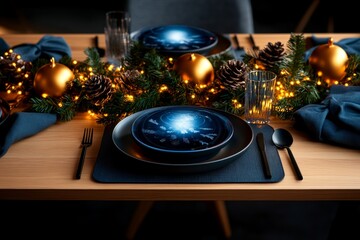 A futuristic Thanksgiving table with holographic place settings, blending tradition and technology
