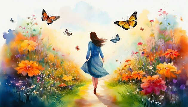 watercolor painting of a woman walking on a path through a field of flowers and butterflies conveying hope and inspiration