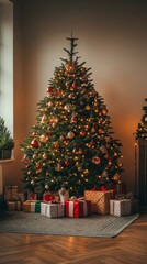 Cozy Christmas tree with glowing lights surrounded by gifts in a warm living room. Festive decor for the holiday season.