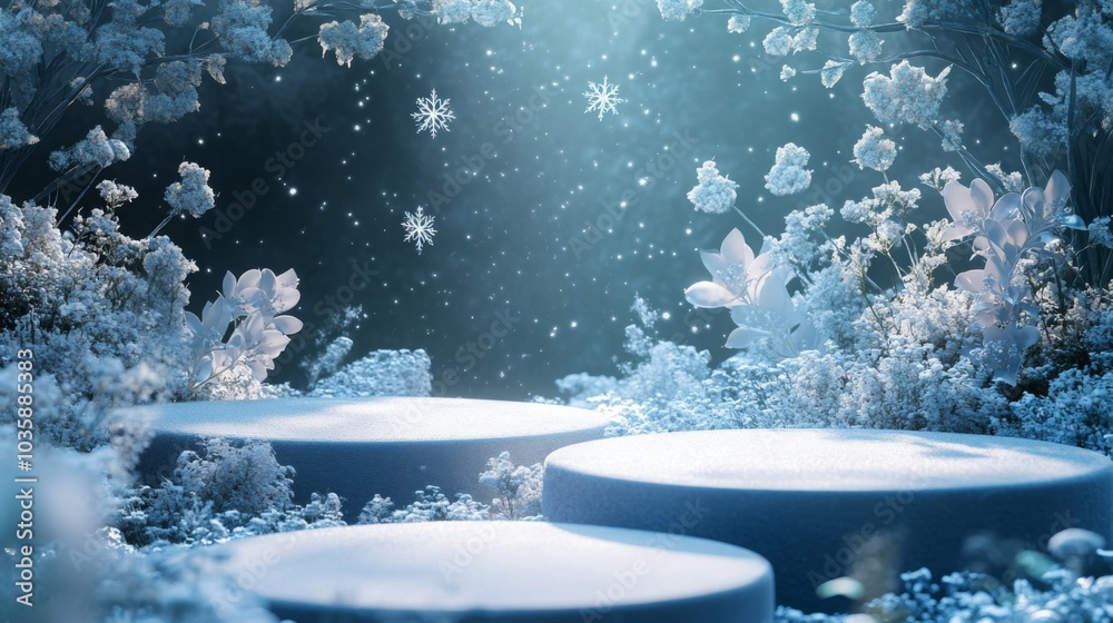 Poster a tranquil winter garden features soft snowflakes drifting down in a peaceful setting. delicate flow