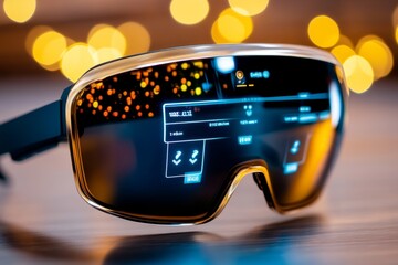 A futuristic rewards program display on augmented reality glasses, showing customer points in real-time