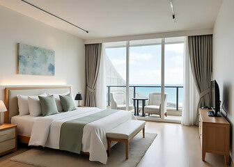 Elegant studio with ocean view and beach background available for rent nearby.