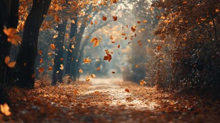 Autumn Path with Falling Leaves