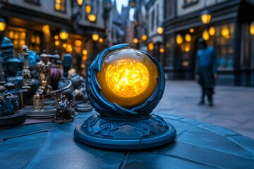 A golden-yellow potion glowing on a wizardâ€™s table, surrounded by mystical artifacts