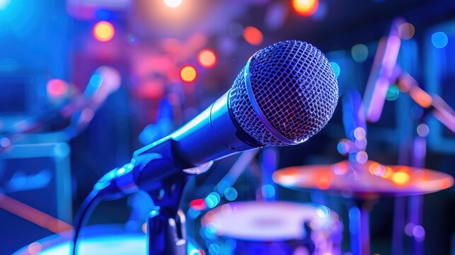 Close-up of microphone on stand in soundproof recording studio, positioned in front of script stand, symbolizing voice acting and audio production.