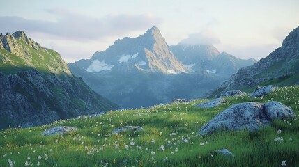 Obraz premium High-angle view of verdant mountains and rocky landscape with a clear blue sky and notable peak