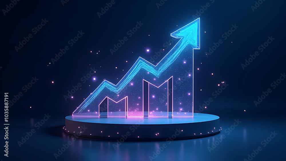 Poster Floating AI circuit design with growth arrows promotes digital skill building ideal for tech ads and futuristic podium branding.