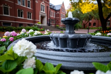 A gray stone fountain in the center of a quiet park, surrounded by blooming flowers
