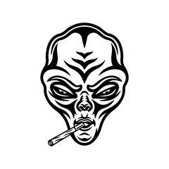 Stoned alien head with marijuana spliff in mouth vector illustration in vintage monochrome style isolated on white background