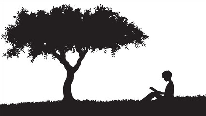 A boy reading under a tree, his shadow forming an outline of him and his book on the ground. white background.

