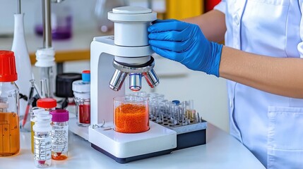 A scientist uses a microscope to analyze samples in a modern laboratory, demonstrating research and innovation in science.