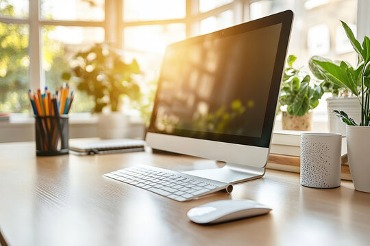 Cozy Home Office Workspace with Modern Computer and Greenery 