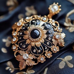 Fototapeta premium Elegant Vintage Brooch with Floral Design and Black Centerpiece