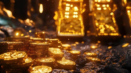 A pile of gold coins sits in front of a glowing, abstract structure, with sparks flying in the air.