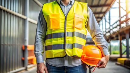 Warehouse worker wearing high visibility reflective safety vest standing in a large industrial warehouse