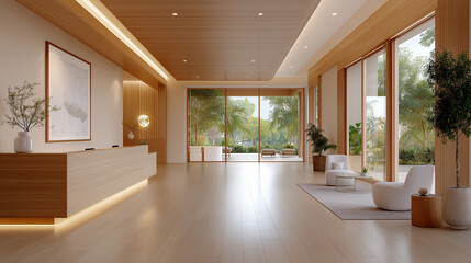 Obraz premium A modern hotel reception area in a minimalist style, featuring a light wood desk with white accents. The space is open and airy, with floor-to-ceiling windows providing a panoramic