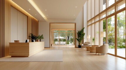 Obraz premium A stylish hotel reception desk in a modern minimalist design, combining light wood and white elements for a clean, open look. The space is framed by large floor-to-ceiling windows