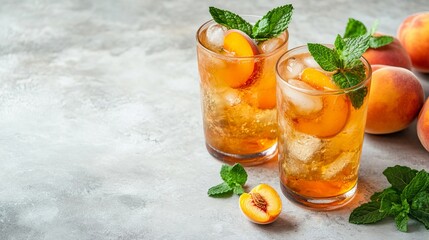 Fototapeta premium A delightful summertime beverage recipe that combines mint and apricots is ice peach tea or cocktail. A restaurant menu, a detox diet, and two glasses of peach fruit lemonade on a light table. 