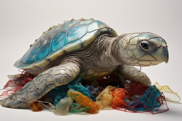 A sea turtle struggling amid bright discarded plastic materials illustrates the urgent need to address ocean pollution and its threats to wildlife