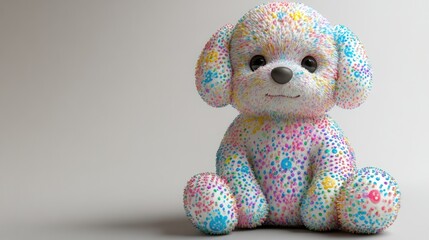A white plush toy dog covered in colorful dots sits against a light grey background.