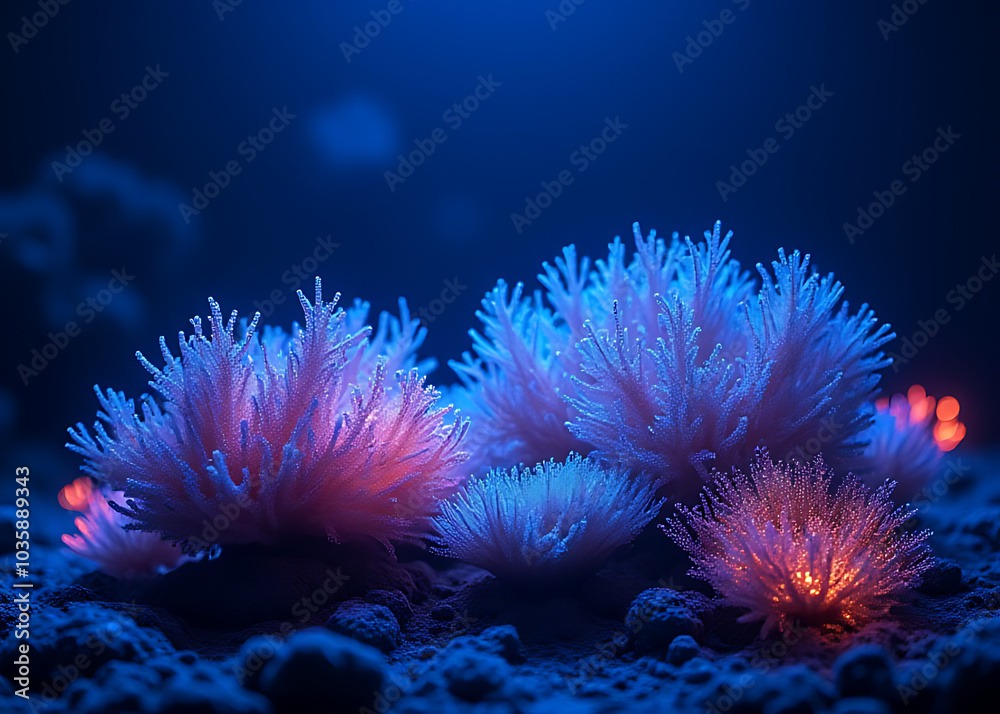 Poster glowing coral reef design concept for photo stock features bioluminescent elements on a deep blue ba