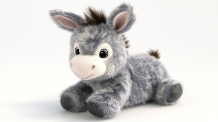 Fototapeta premium A cute, plush donkey toy with soft fur and big eyes, lying on a white background.
