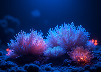 Glowing coral reef design concept for photo stock features bioluminescent elements on a deep blue background.