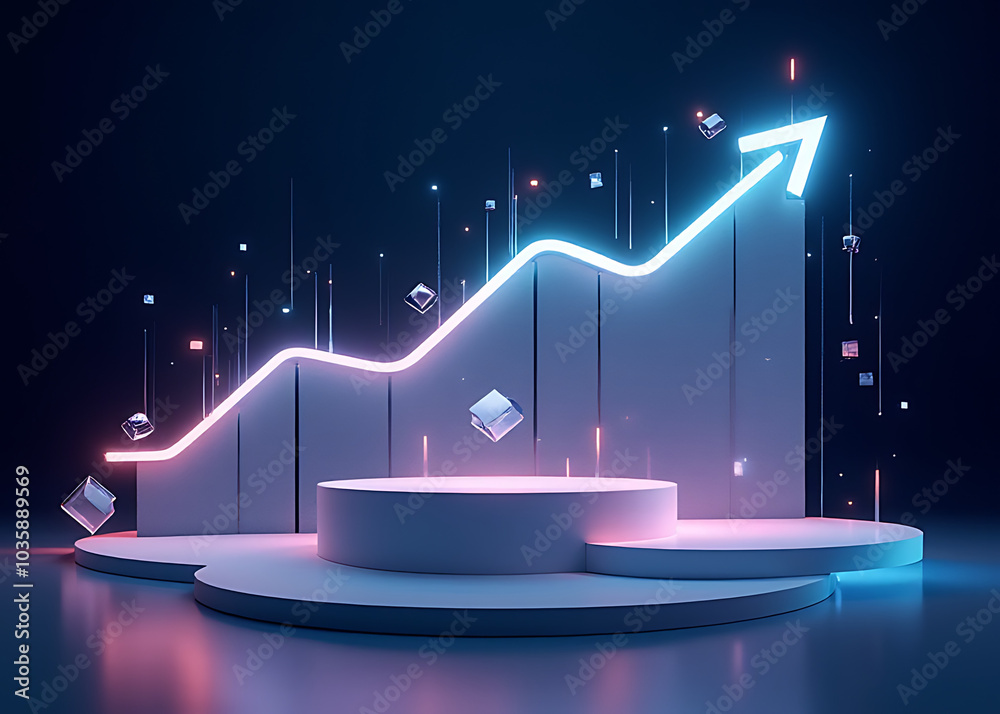 Poster Glowing growth paths highlight futuristic business presentations on a sleek podium showcasing floating AI cube displays.