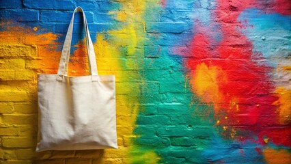 Tote cotton bag on color wall, space for text
