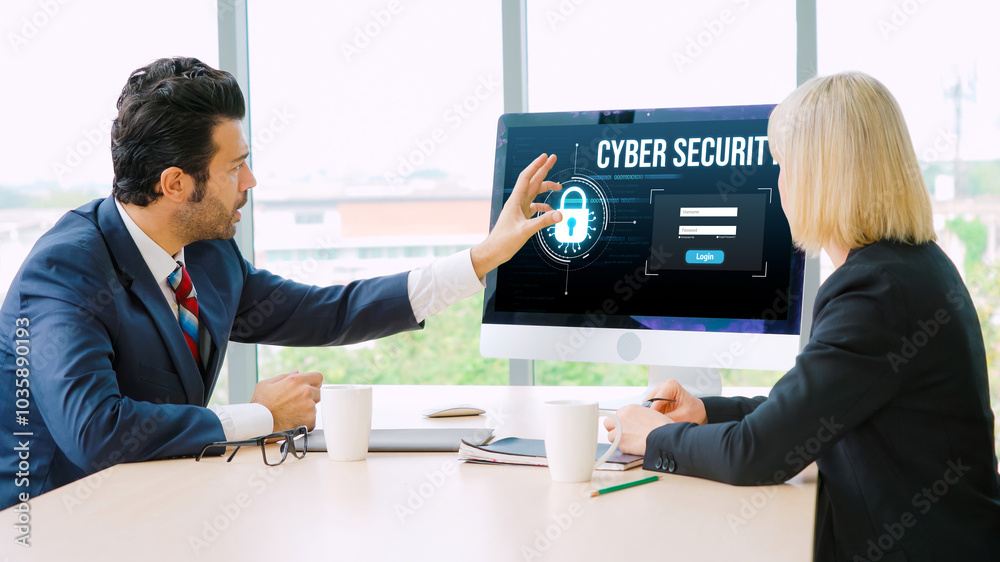 Poster cyber security system on computer screen protect private information snugly from hacker and cyber at